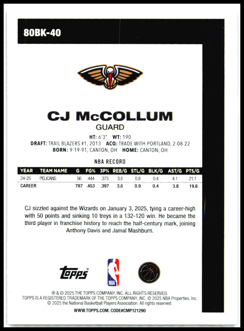 2025-26 Topps 1980-81 Topps Basketball #80BK-40 CJ McCollum New Orleans Pelicans