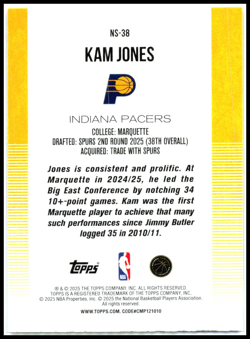 2025-26 Topps New School #NS-38 Kam Jones Indiana Pacers