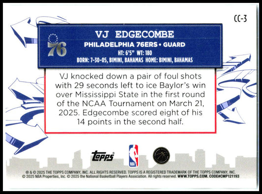 2025-26 Topps Clutch City Prospects #CC-3 VJ Edgecombe Philadelphia 76ers