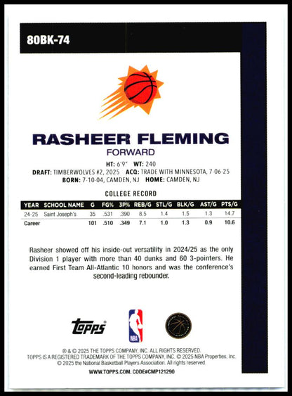 2025-26 Topps 1980-81 Topps Basketball #80BK-74 Rasheer Fleming Suns