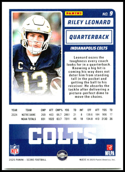 2025 Score #9 Riley Leonard Rookie Indianapolis Colts