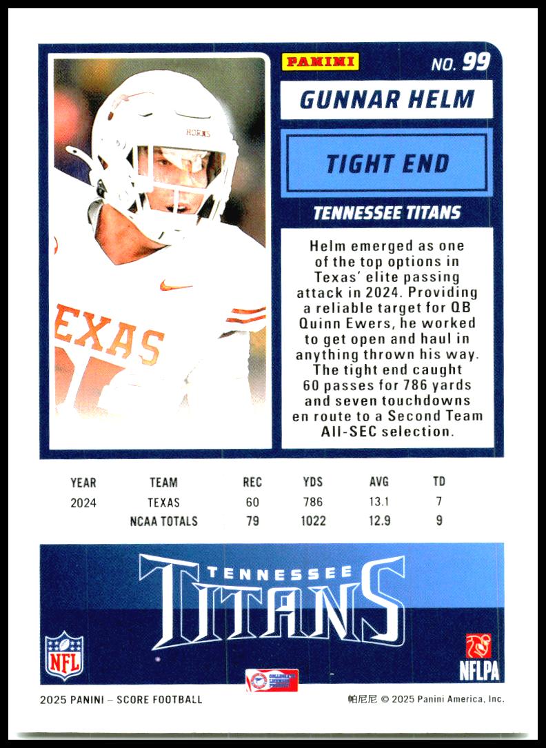 2025 Score #99 Gunnar Helm Rookie Tennessee Titans