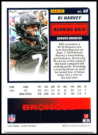2025 Score #49 RJ Harvey Rookie Denver Broncos