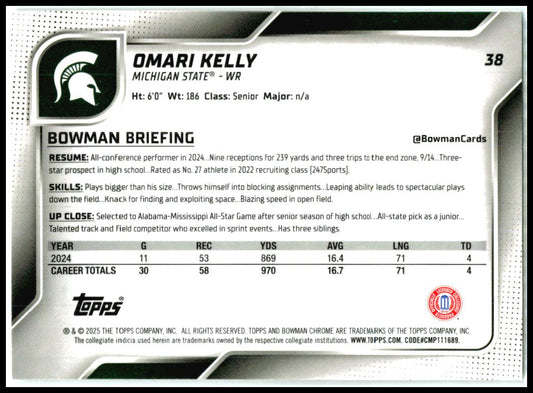 2025 Bowman University Chrome #38 Omari Kelly Michigan State Spartans