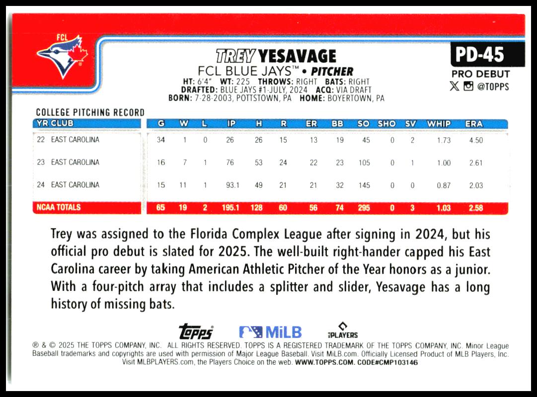 2025 Topps Pro Debut #PD-45 Trey Yesavage FCL Blue Jays