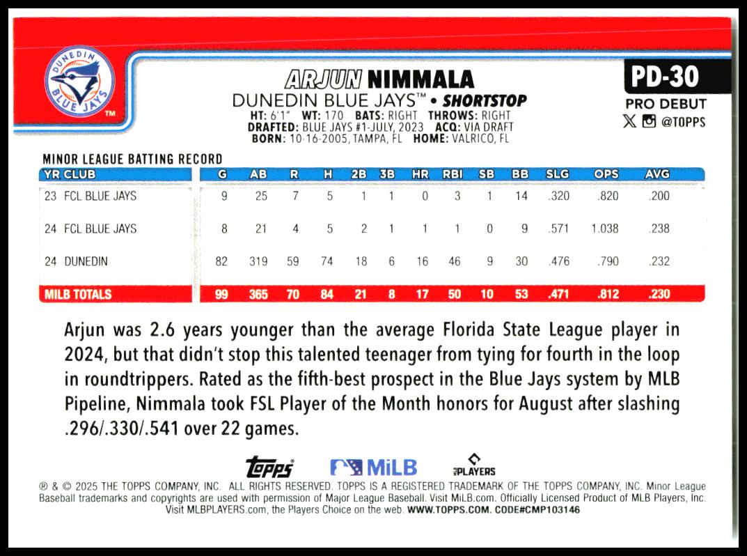 2025 Topps Pro Debut #PD-30 Arjun Nimmala Dunedin Blue Jays