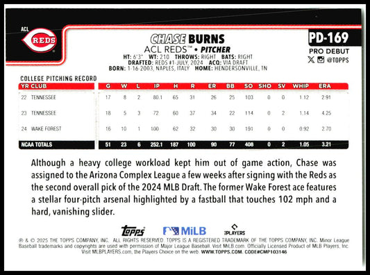 2025 Topps Pro Debut #PD-169 Chase Burns ACL Reds