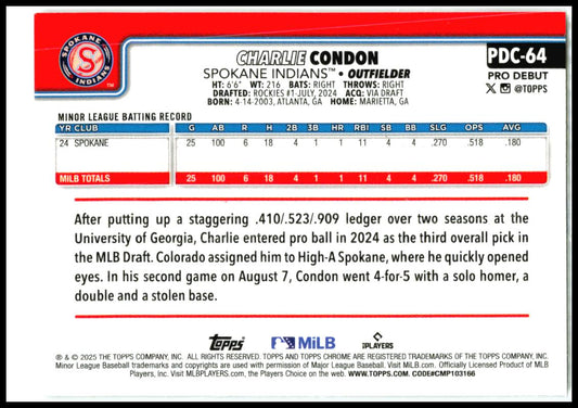 2025 Topps Pro Debut Chrome #pdc-64 charlie condon