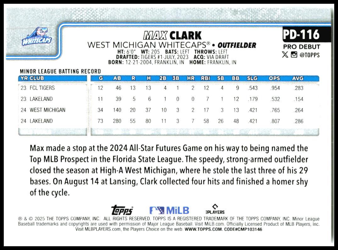 2025 Topps Pro Debut #PD-116 Max Clark West Michigan Whitecaps