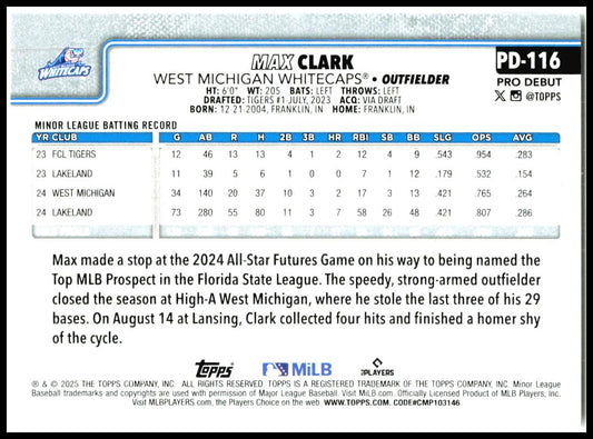 2025 Topps Pro Debut #PD-116 Max Clark West Michigan Whitecaps
