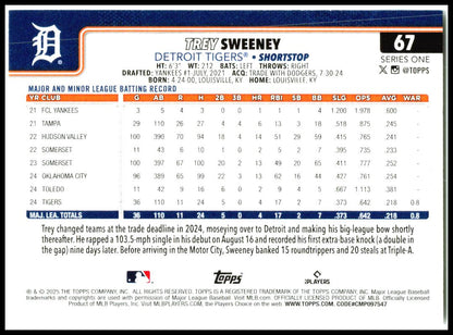 2025 Topps #67 Trey Sweeney Rookie Detroit Tigers