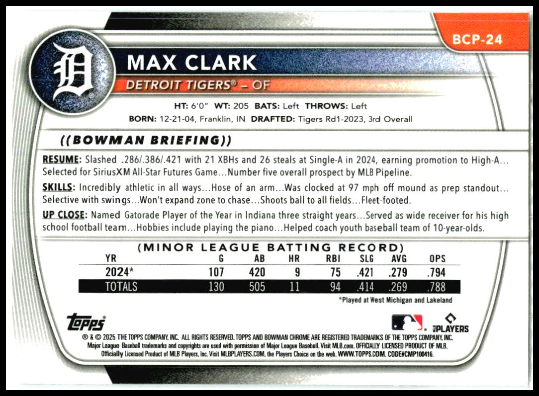 2025 Bowman Chrome #BCP-24 Max Clark Detroit Tigers