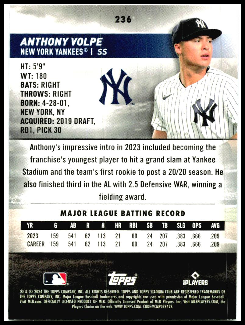 2024 Stadium Club #236 Anthony Volpe New York Yankees