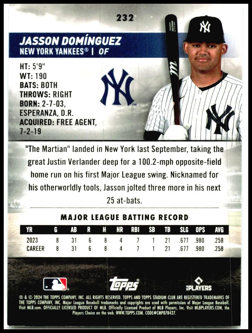2024 Stadium Club #232 Jasson Domínguez Rookie New York Yankees