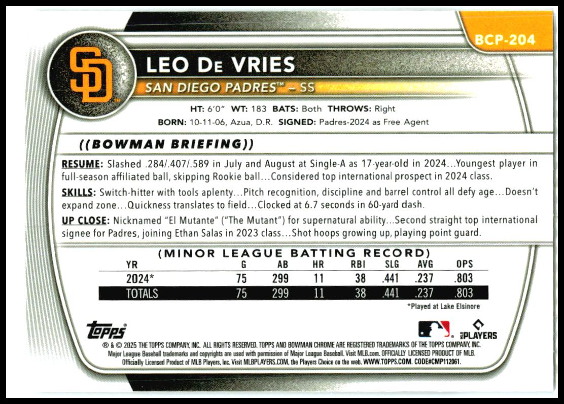 2025 Bowman Chrome #BCP-204 Leo De Vries San Diego Padres
