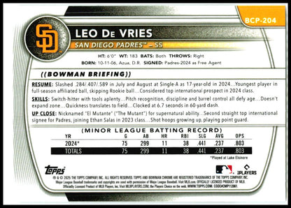 2025 Bowman Chrome #BCP-204 Leo De Vries San Diego Padres