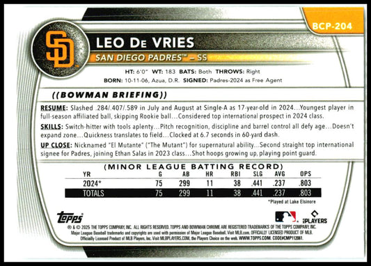 2025 Bowman Chrome #BCP-204 Leo De Vries San Diego Padres