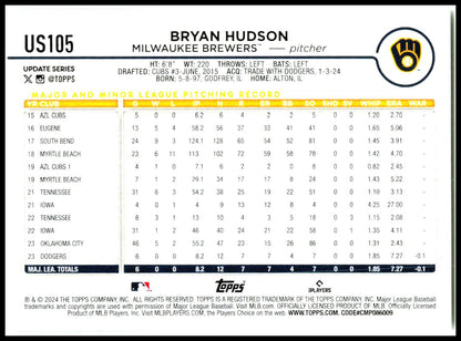 2024 Topps Update #US105 Bryan Hudson Rookie Milwaukee Brewers