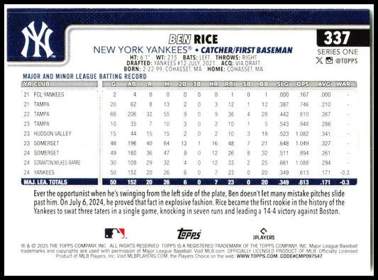 2025 Topps #337 Ben Rice New York Yankees