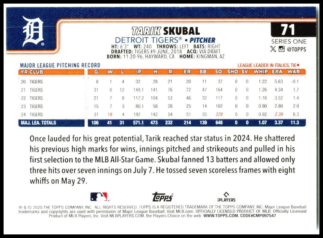 2025 Topps #71 Tarik Skubal Detroit Tigers