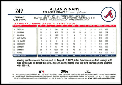 2024 Topps Chrome Sepia Refractors #249 Allan Winans Rookie Atlanta Braves