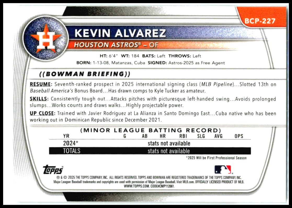 2025 Bowman Chrome Shimmer #BCP-227 Kevin Alvarez Houston Astros