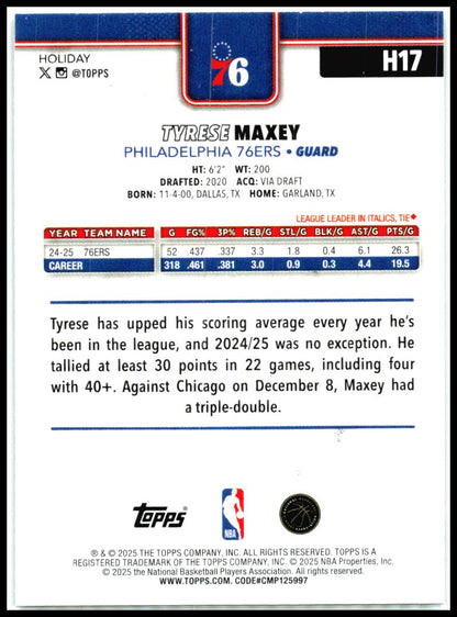 2025-26 Topps Holiday Glitter Holiday #H17 Tyrese Maxey Philadelphia 76ers
