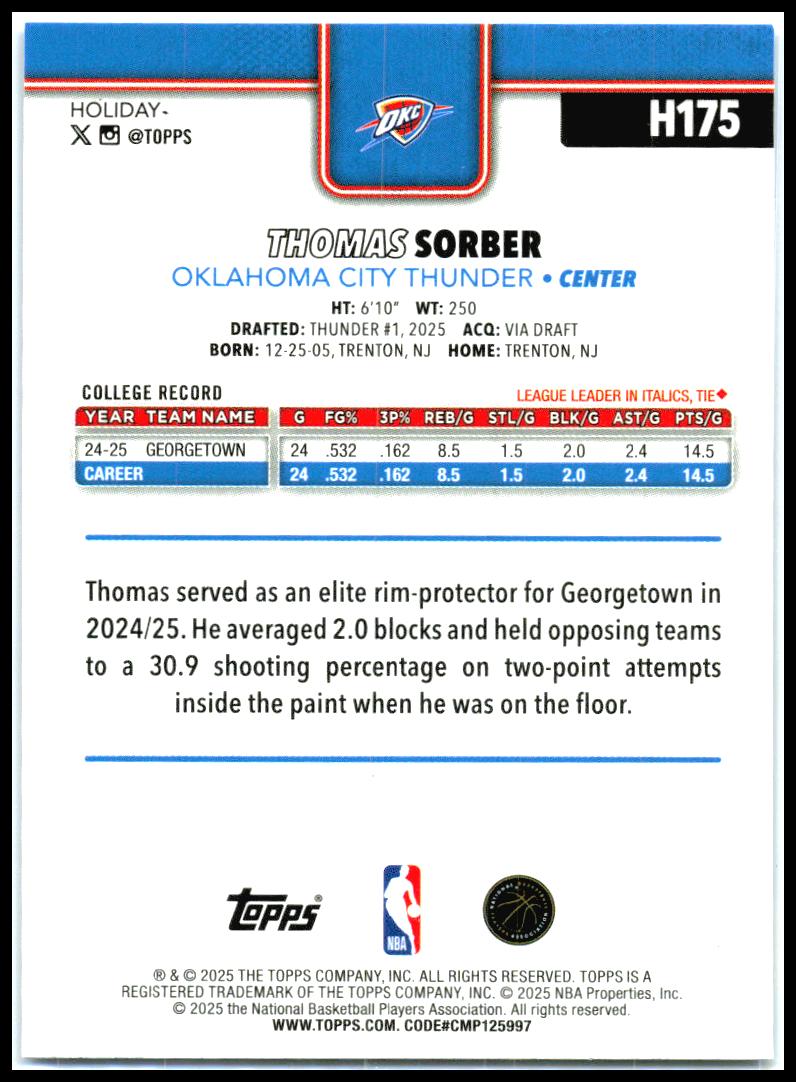 2025-26 Topps Holiday Blue Metallic Glitter #H175 Thomas Sorber Rookie Thunder