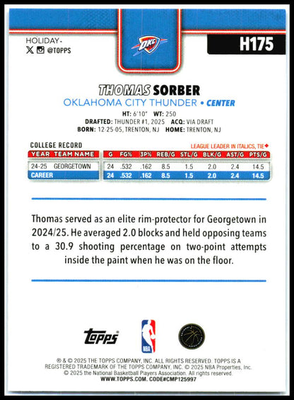 2025-26 Topps Holiday Blue Metallic Glitter #H175 Thomas Sorber Rookie Thunder