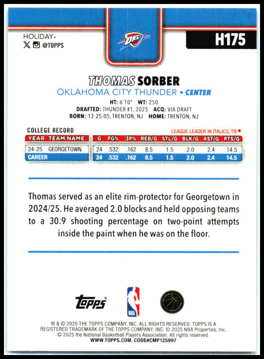 2025-26 Topps Holiday Blue Metallic Glitter #H175 Thomas Sorber Rookie Thunder