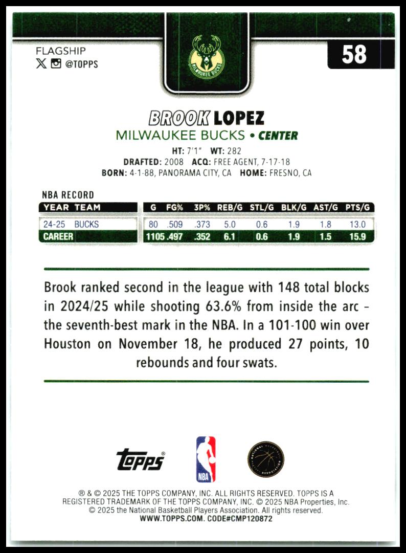 2025-26 Topps Season Tip Off #58 Brook Lopez Milwaukee Bucks