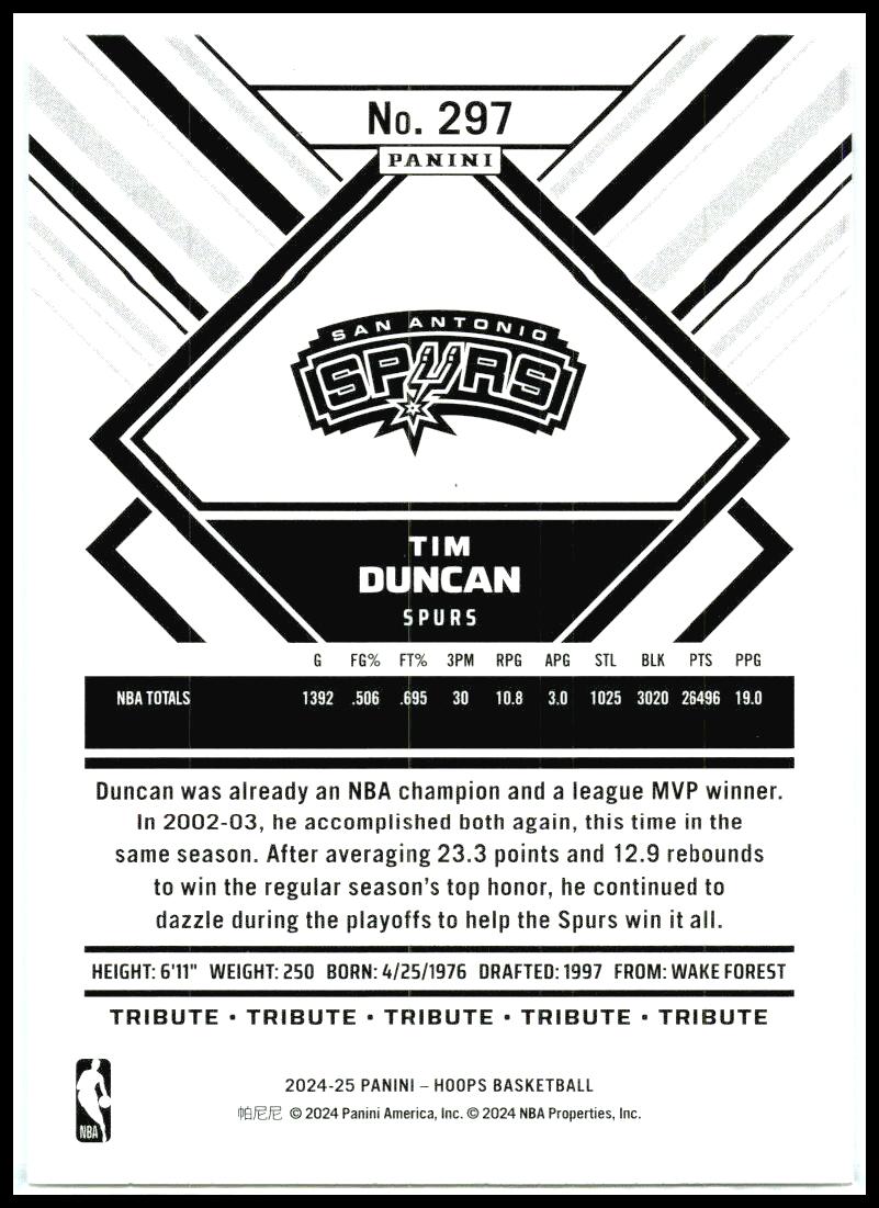 2024-25 Hoops #297 Tim Duncan San Antonio Spurs