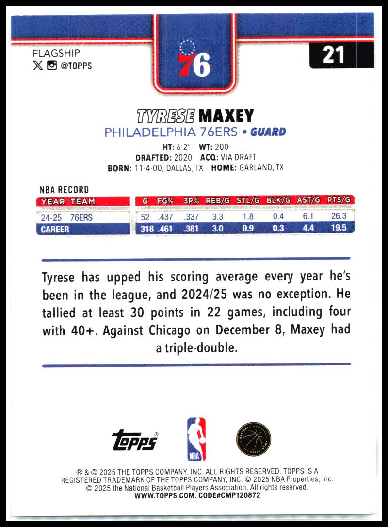 2025-26 Topps #21 Tyrese Maxey Philadelphia 76ers