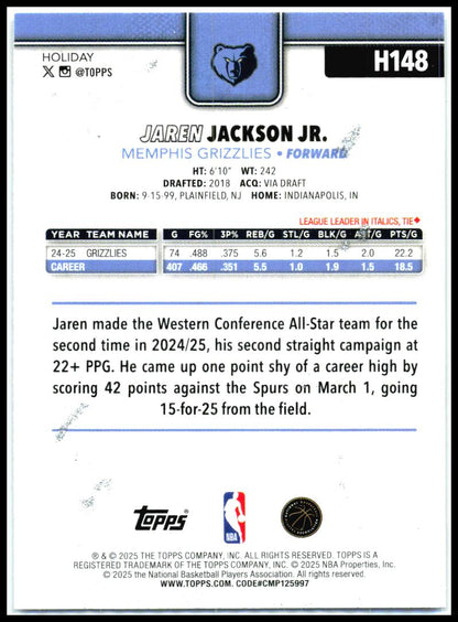 2025-26 Topps Holiday Glitter Holiday #H148 Jaren Jackson Jr. Memphis Grizzlies