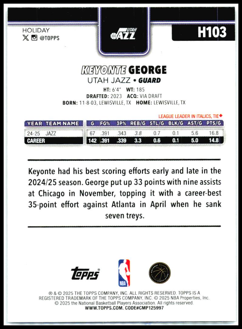 2025-26 Topps Holiday #H103 Keyonte George Utah Jazz