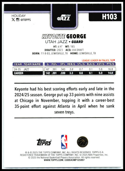 2025-26 Topps Holiday #H103 Keyonte George Utah Jazz