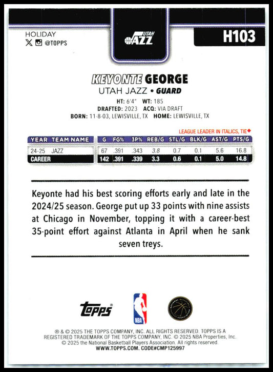 2025-26 Topps Holiday #H103 Keyonte George Utah Jazz