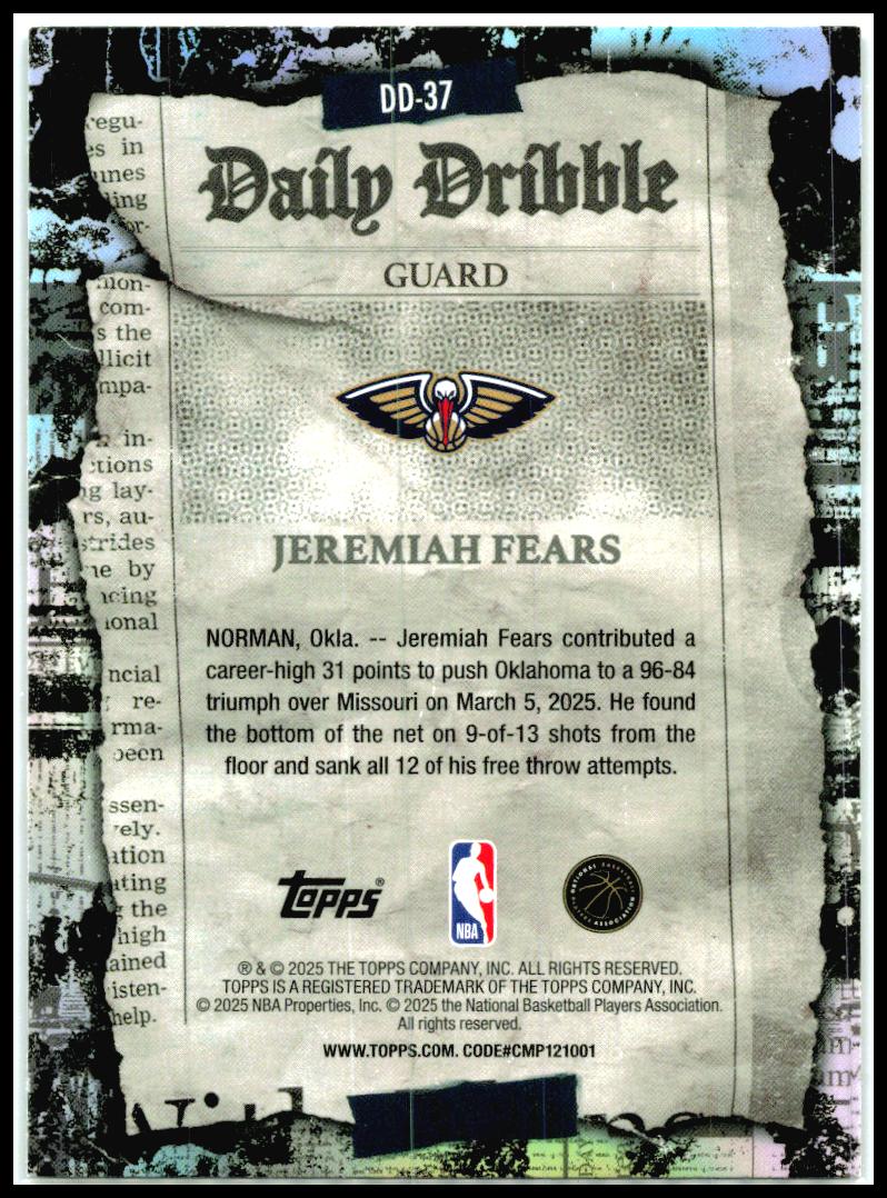 2025-26 Topps The Daily Dribble Green Rainbow #DD-37 Jeremiah Fears Pelicans