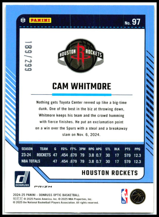 2024-25 Donruss Optic Hyper Orange #97 Cam Whitmore #/299 Houston Rockets