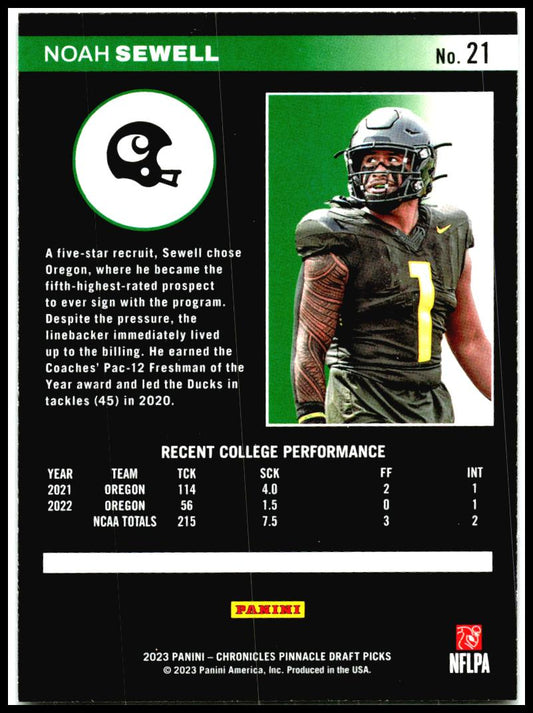 2023 Panini Chronicles Draft Picks Pinnacle #21 Noah Sewell Oregon Ducks