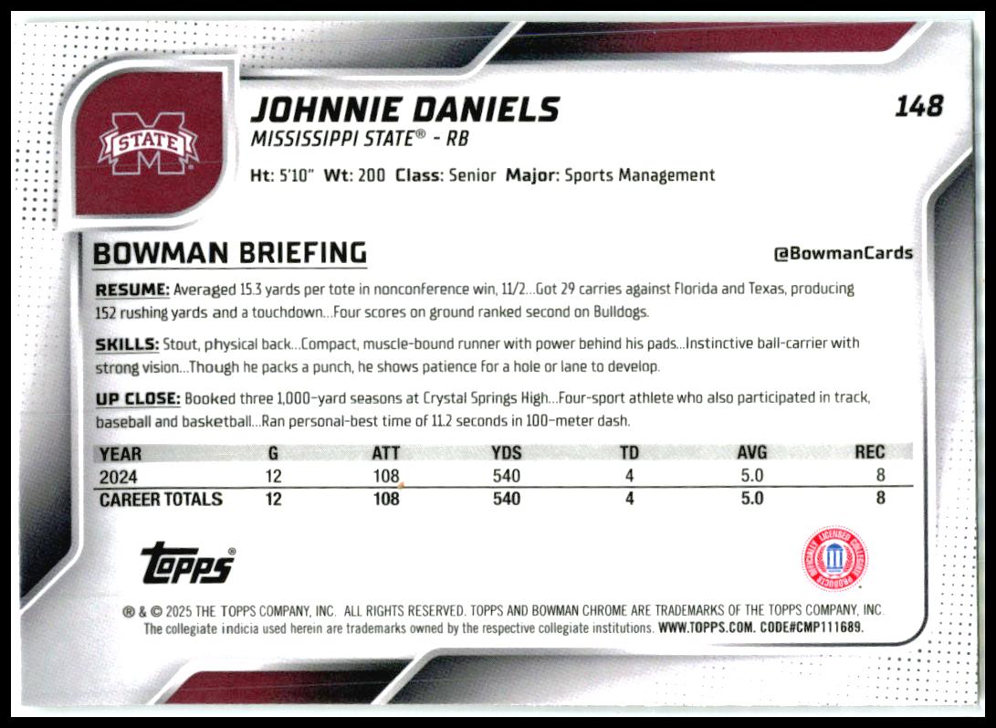 2025 Bowman University Chrome #148 Johnnie Daniels Mississippi State Bulldogs