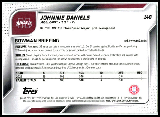 2025 Bowman University Chrome #148 Johnnie Daniels Mississippi State Bulldogs