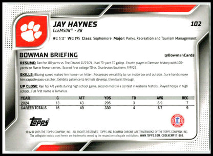 2025 Bowman University Chrome #102 Jay Haynes Clemson Tigers