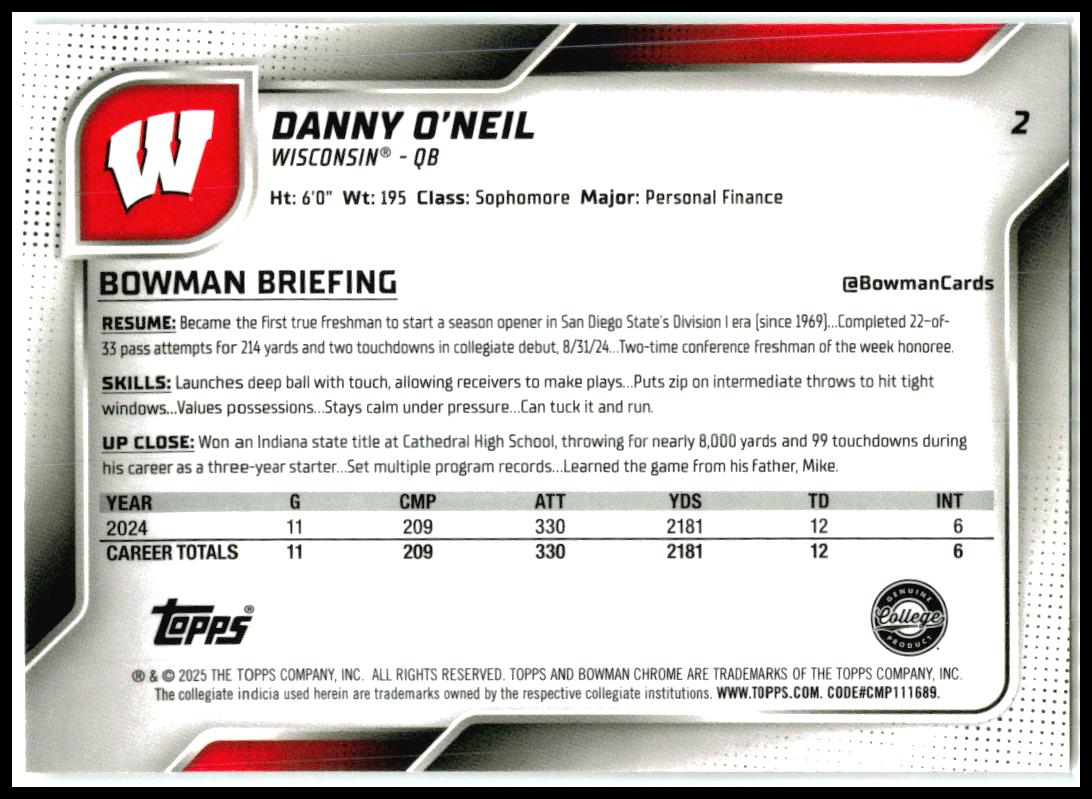 2025 Bowman University Chrome #2 Danny O'Neil Wisconsin Badgers