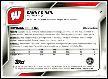 2025 Bowman University Chrome #2 Danny O'Neil Wisconsin Badgers