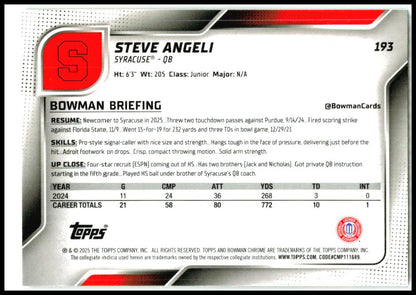 2025 Bowman University Chrome #193 Steve Angeli Syracuse Orange