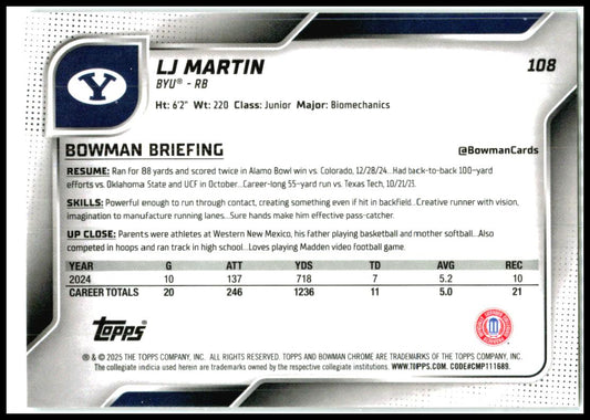 2025 Bowman University Chrome #108 LJ Martin BYU Cougars