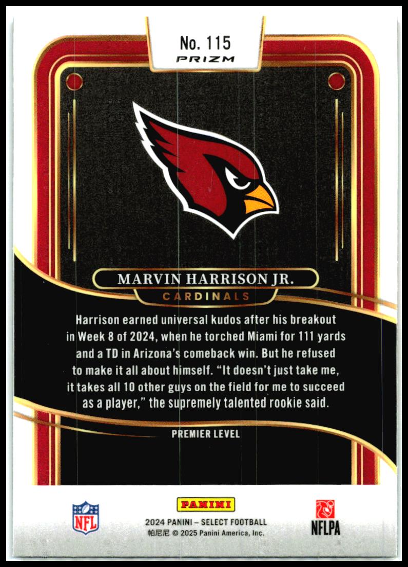 2024 Panini Select Black & Red Shock #115 Marvin Harrison Jr. Rookie Arizona
