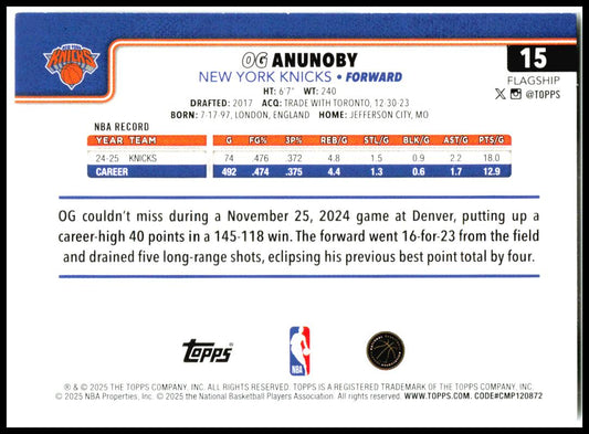 2025-26 Topps #15 OG Anunoby New York Knicks