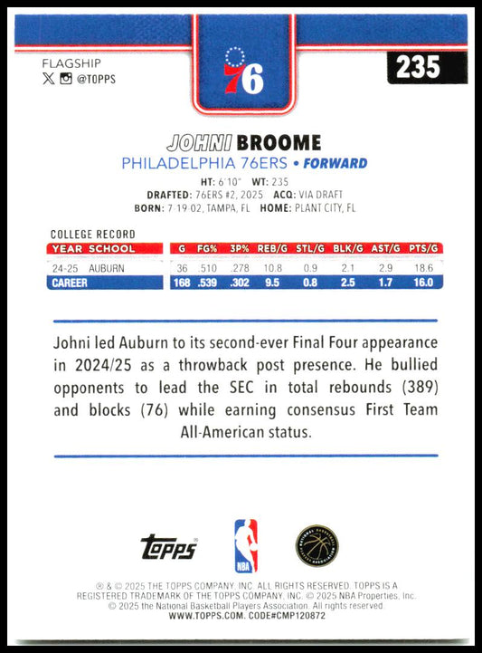 2025-26 Topps #235 Johni Broome Rookie Philadelphia 76ers